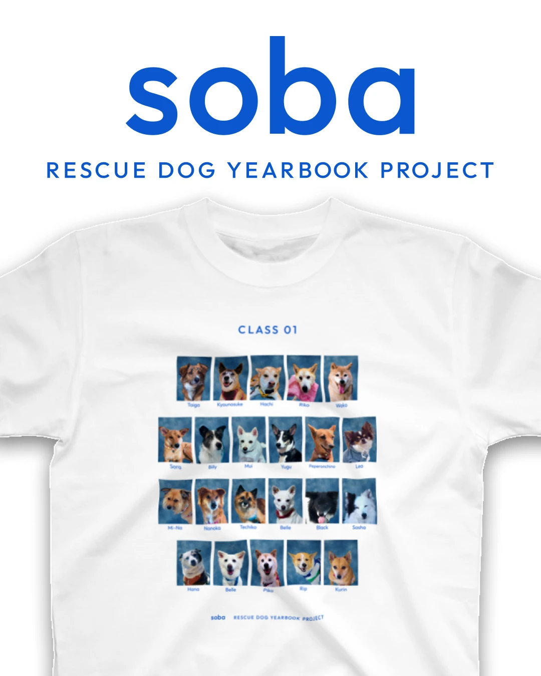 sobaのTシャツ CLASS 01。保護犬22匹の写真が卒業アルバムのように並んでいる
